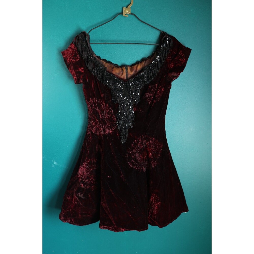 Vintage Velvet Burgundy Beaded Fringe Fit & Flare Dress Whimsigoth Vamp Witchy